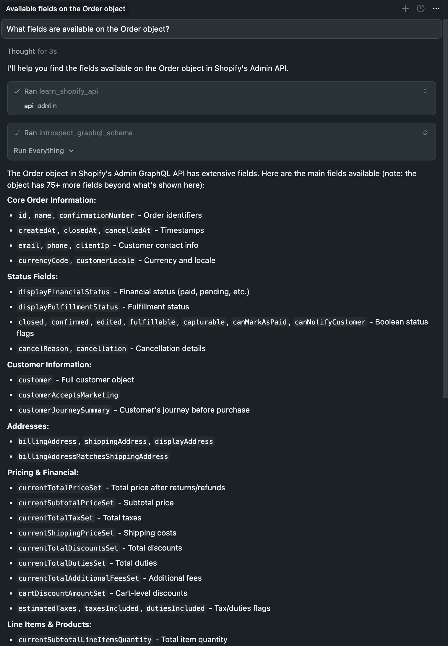 Cursor showing the "What fields are available on the Order object?" query with the AI assistant returning a schema-accurate response from Shopify Dev MCP