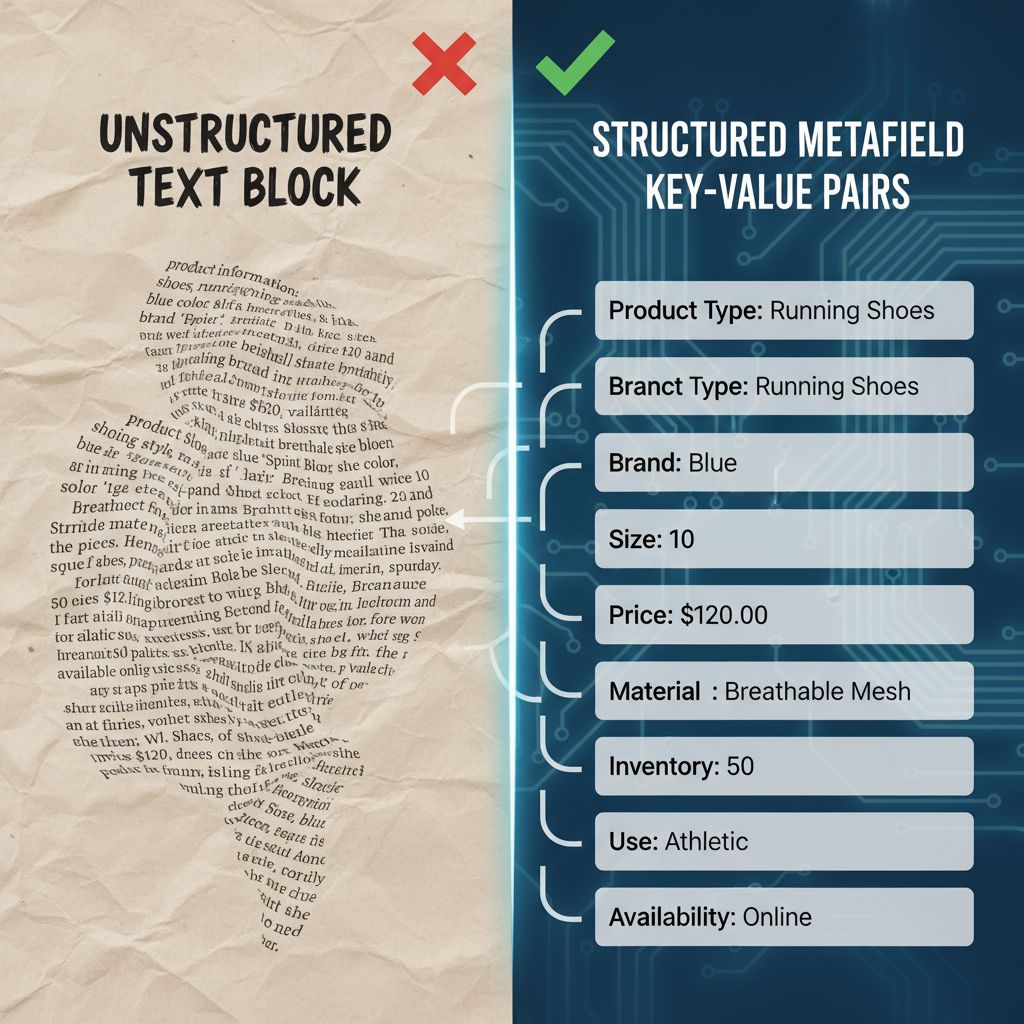 Visual comparison: AI agents struggle with vague descriptions but thrive on clean, validated Metafield key-value pairs.