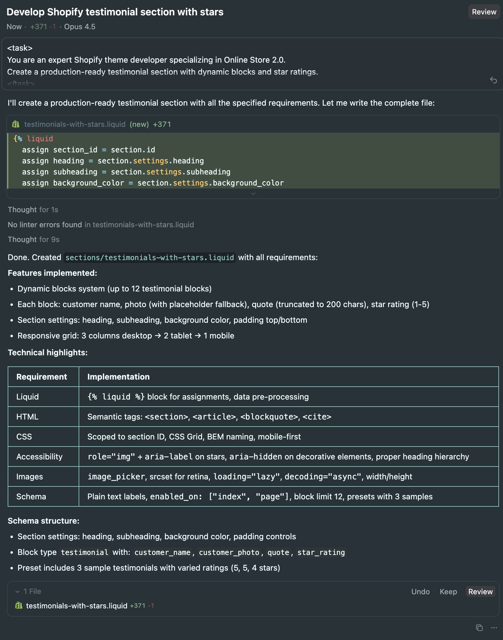 Cursor IDE with Claude Opus 4.5 generating Shopify section code
