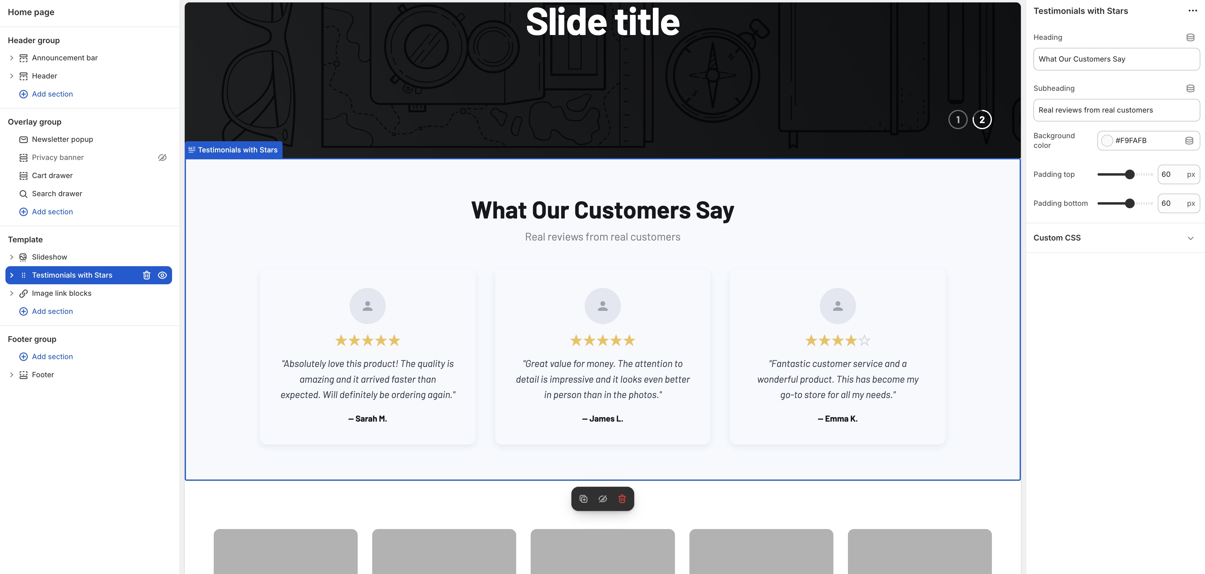 Generated testimonials section in Shopify theme customizer
