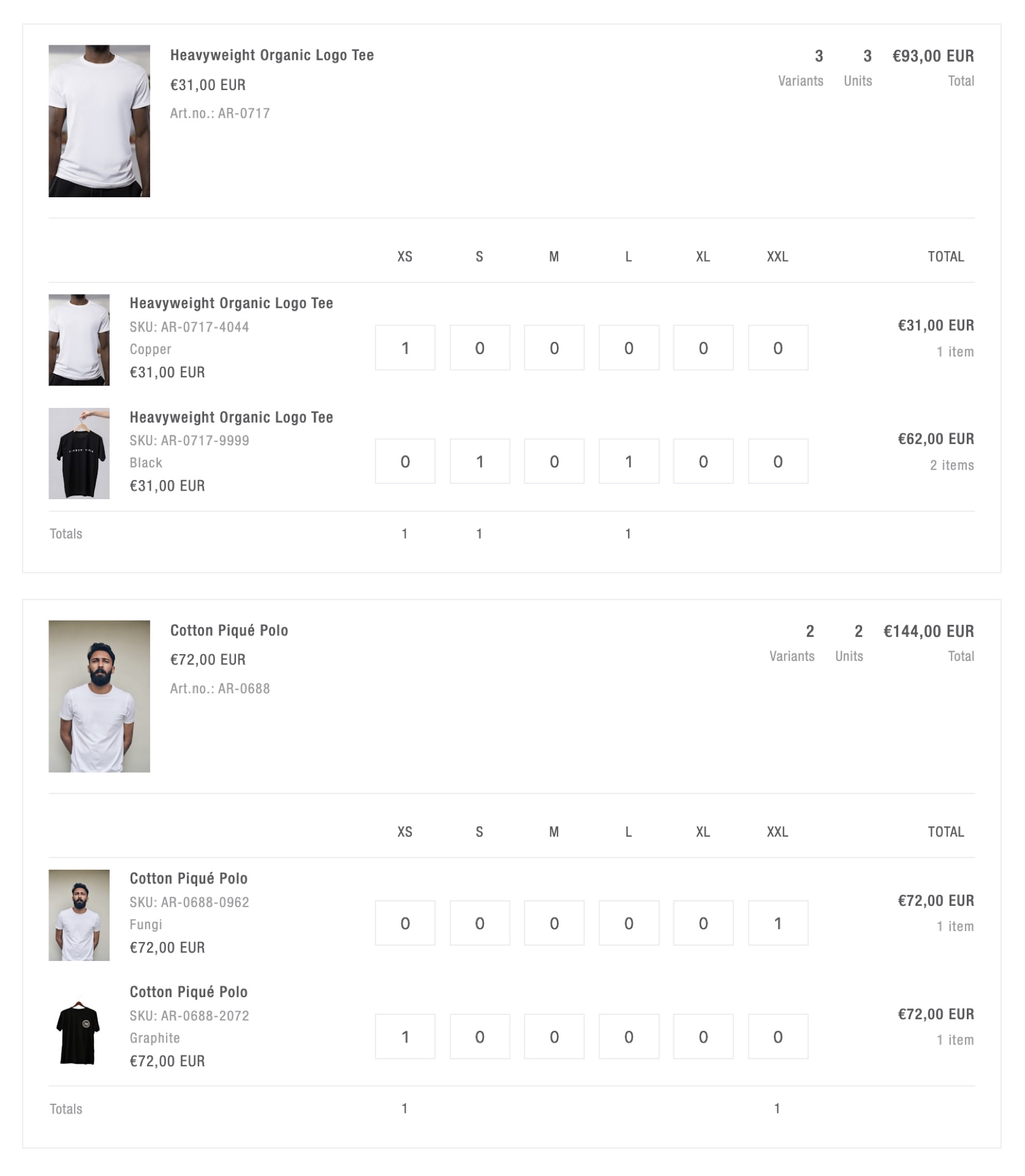 Shopify cart page with per-style mini-grids — each style gets its own grid with totals, variants count, and price